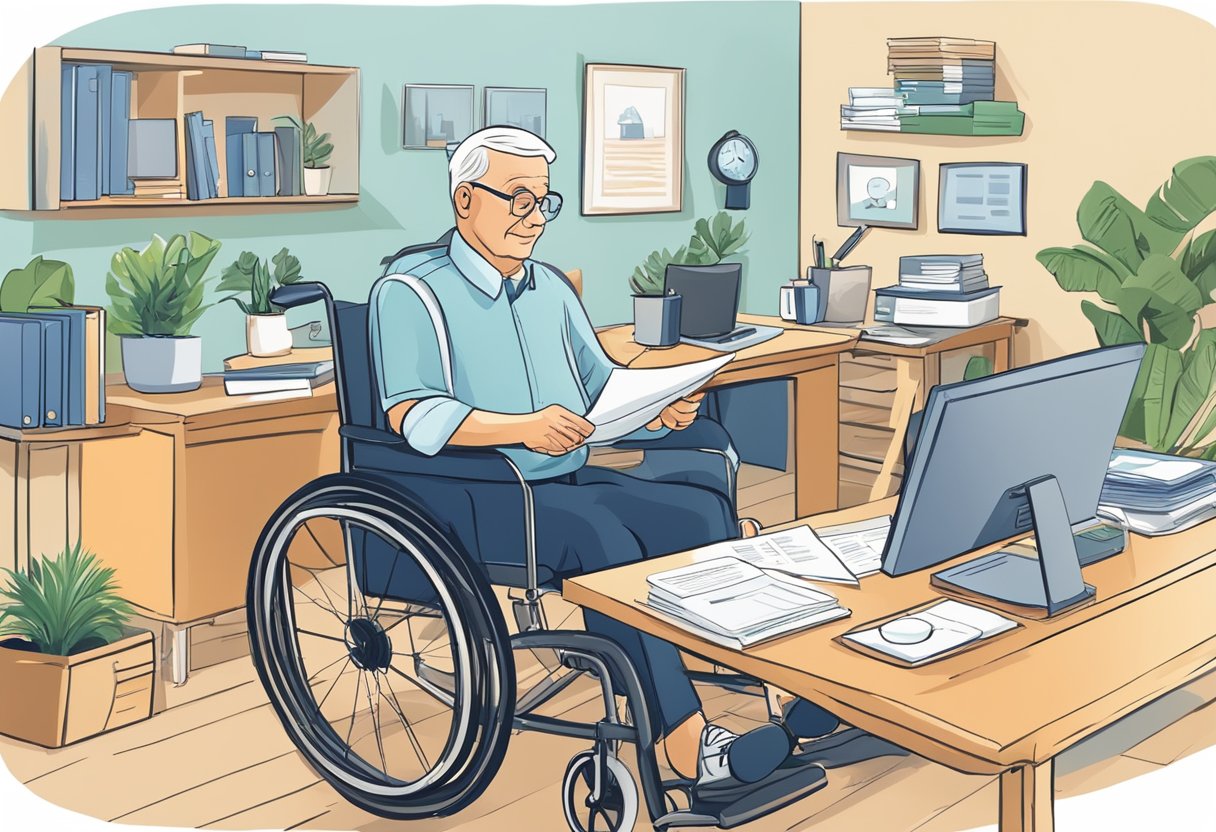 A senior in a wheelchair managing an affiliate marketing business from a home office, surrounded by a computer, phone, and organized paperwork