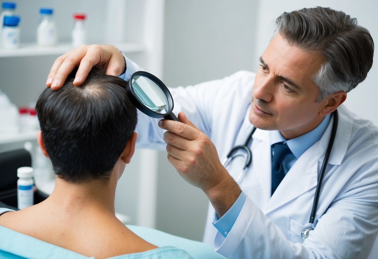 A doctor examines a patient's scalp with a magnifying tool, analyzing hair density and quality. Blood vials and medical equipment are nearby