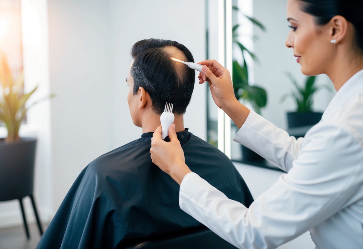 A person sitting in a chair while a hair specialist examines their scalp and discusses the PRP hair treatment process