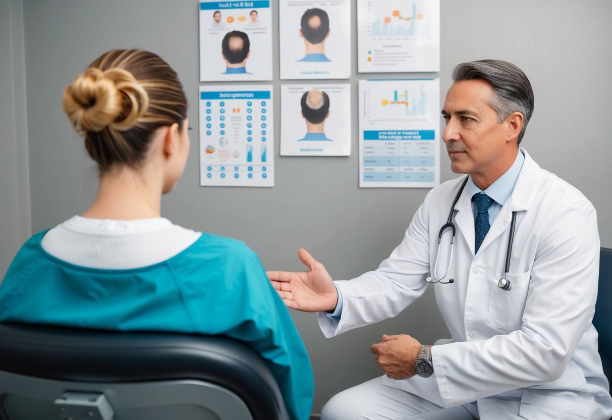 A patient sits across from a doctor, discussing PRP hair treatment. Charts and diagrams are displayed on the wall, showing the process step by step