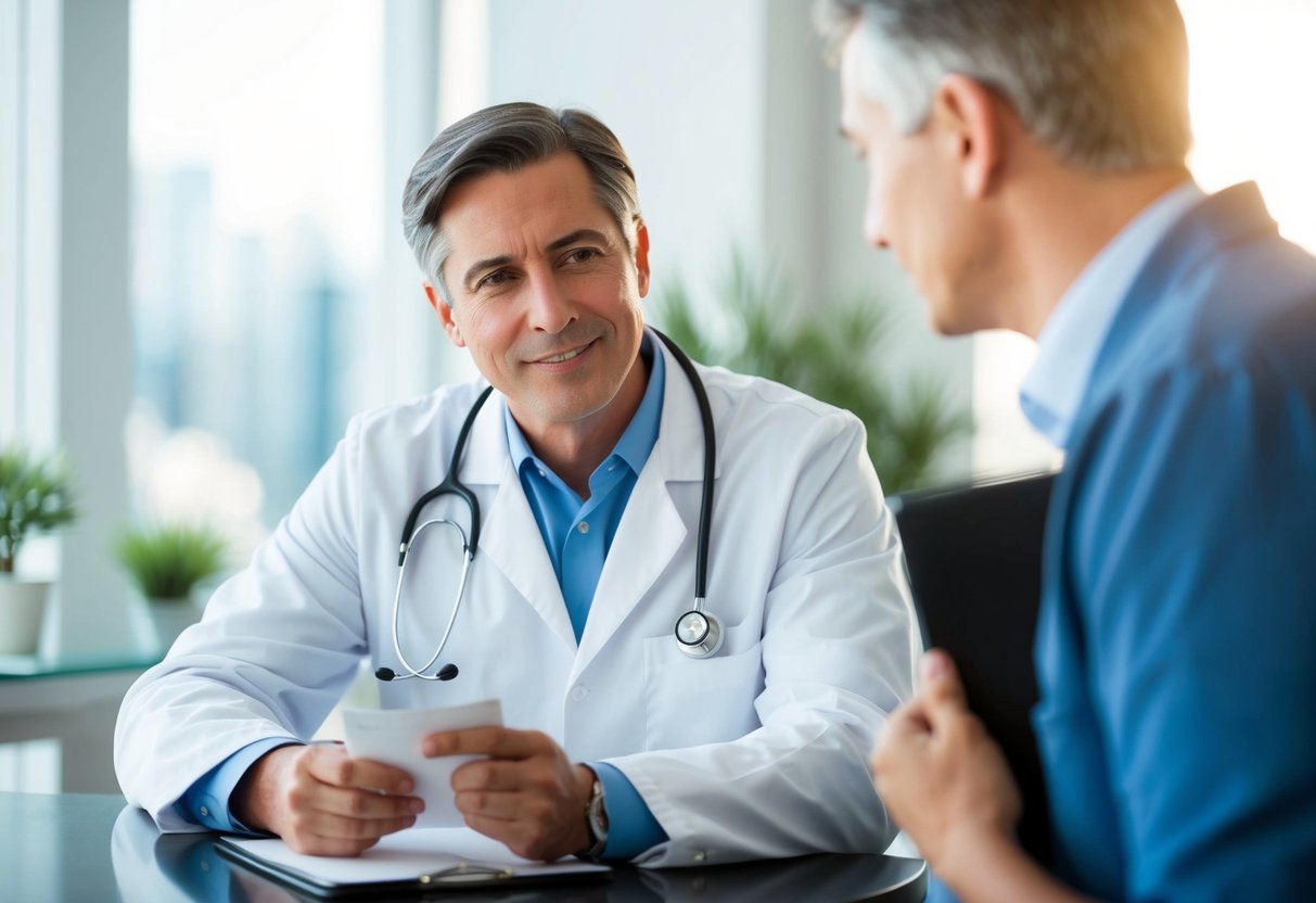 A doctor reviewing a patient's medical history and hair loss patterns during a PRP consultation