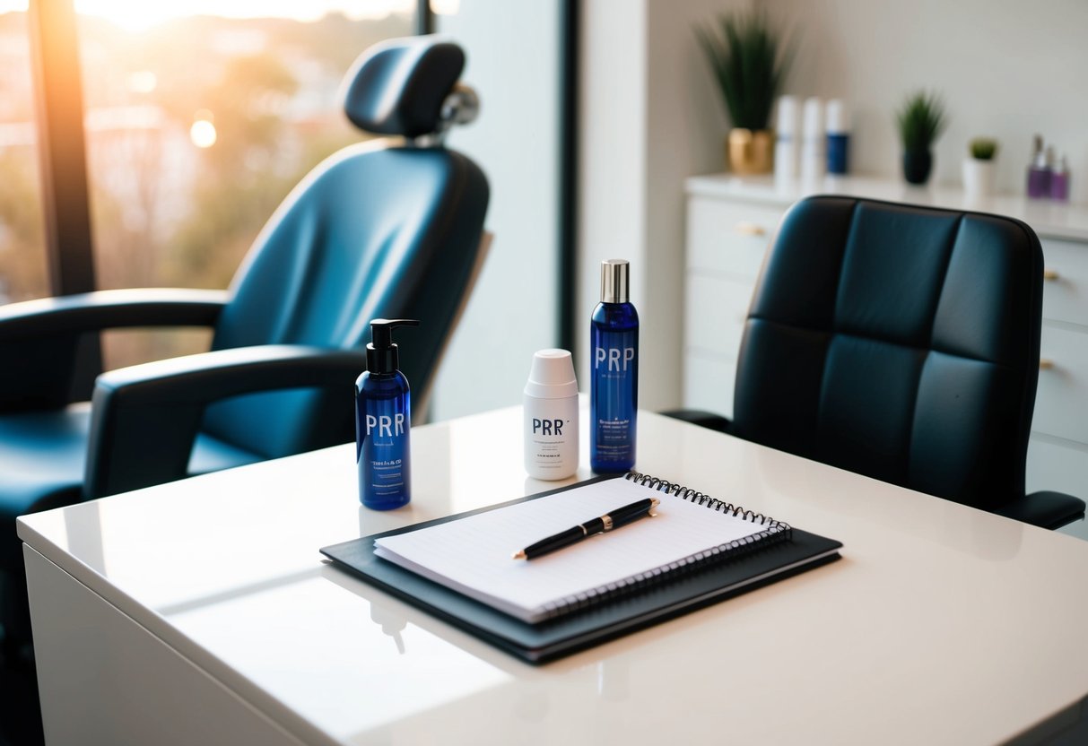 A table with a notepad, pen, and hair treatment products. A chair for the client and a consultation area for the PRP treatment