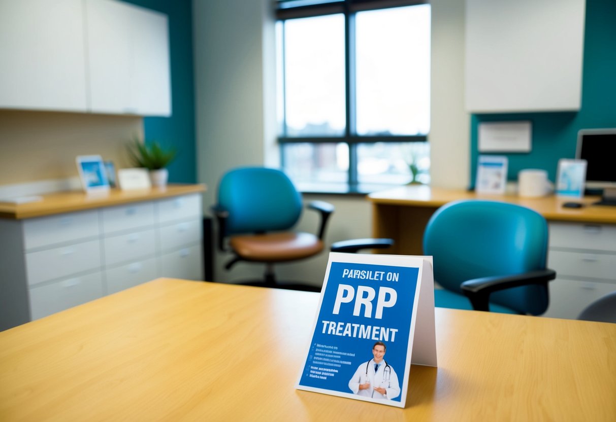 A doctor's office with a consultation room, a desk, and chairs. A pamphlet on PRP treatment sits on the desk