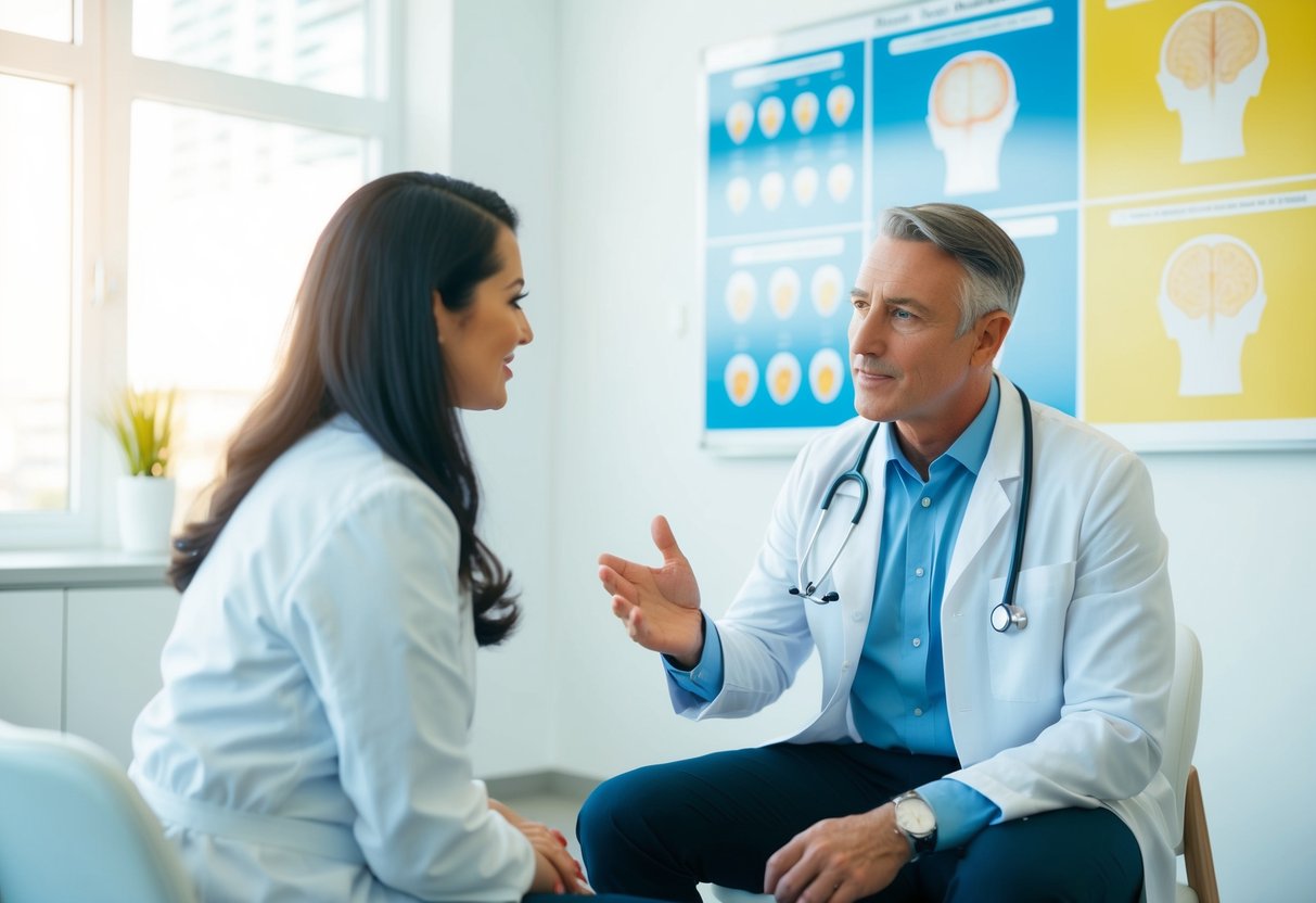 A doctor and patient sit in a bright, modern consultation room, discussing hair goals and expectations. Charts and diagrams of the scalp are displayed on the wall