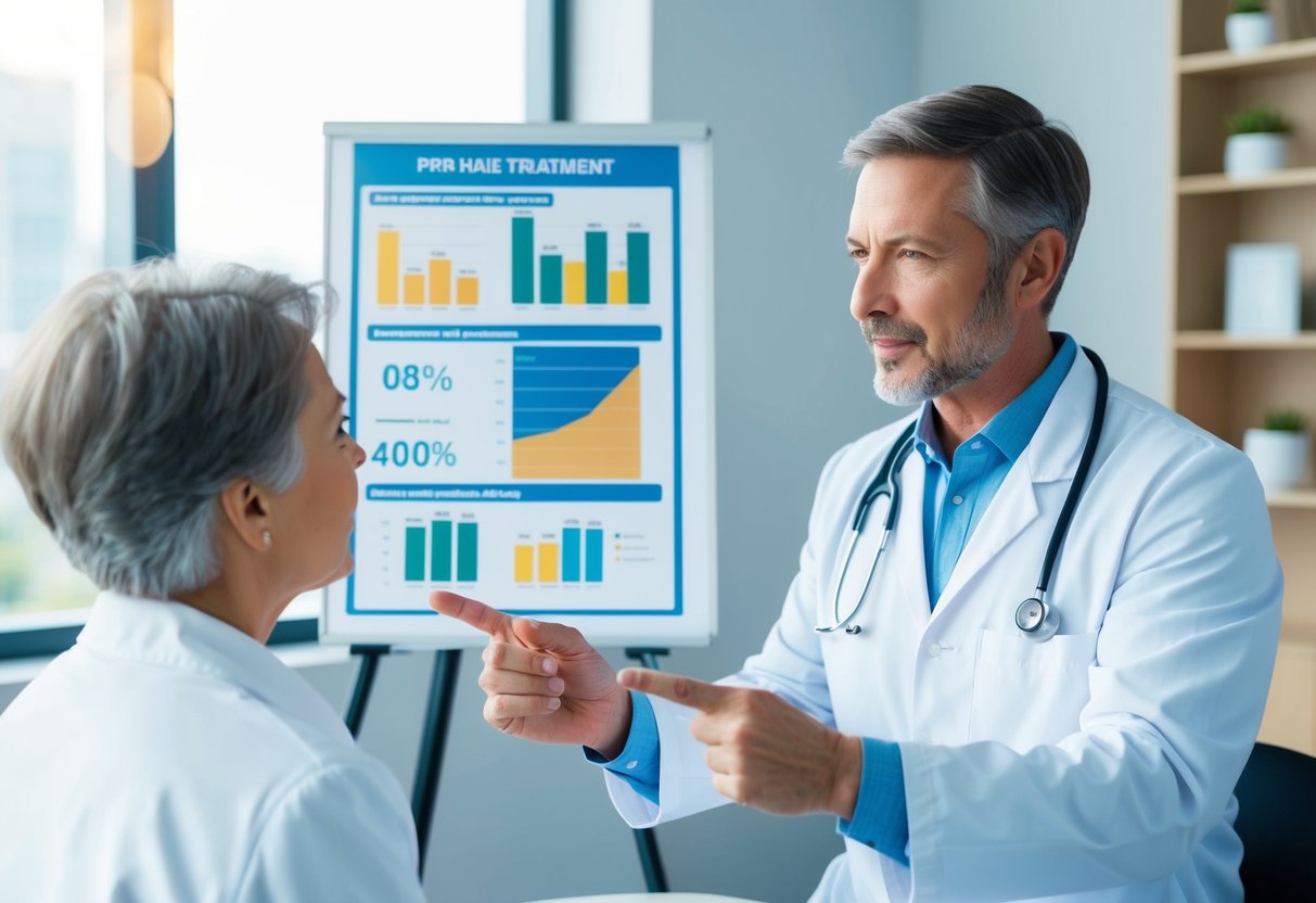 A doctor discusses PRP hair treatment with a patient, pointing to a chart showing efficacy and safety data. The patient listens attentively, nodding in understanding