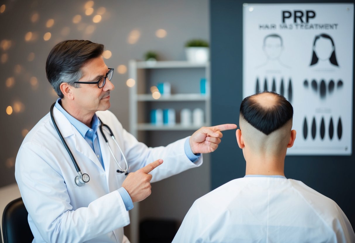 A doctor discussing PRP hair treatment with a patient, pointing to diagrams and explaining the process