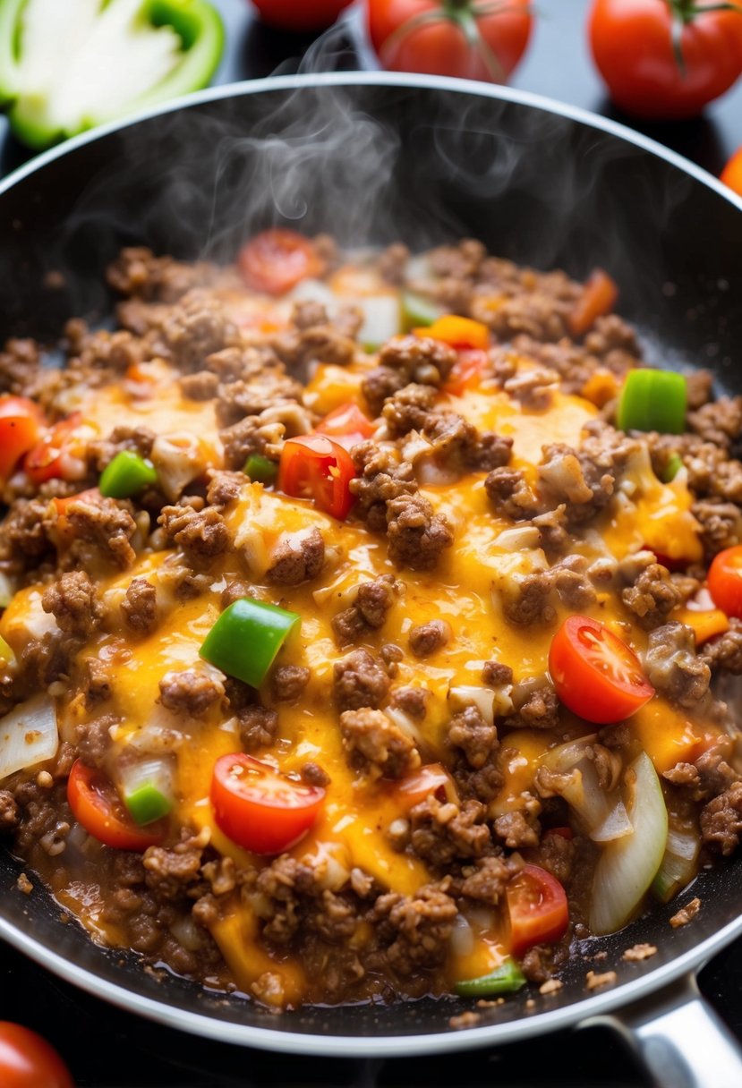 A sizzling skillet filled with cheesy ground beef, bubbling and steaming as it cooks on the stove. Onions, peppers, and tomatoes are scattered around the pan, adding color and flavor