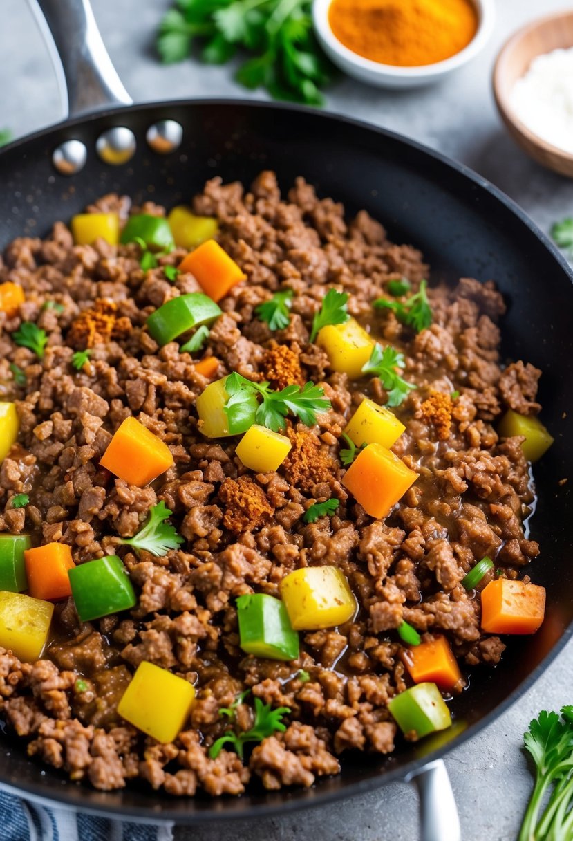 A sizzling skillet filled with ground beef, colorful vegetables, and savory spices, creating a mouthwatering aroma