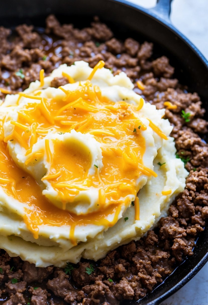 A skillet filled with bubbling ground beef, topped with a layer of creamy mashed potatoes, and sprinkled with melted cheese