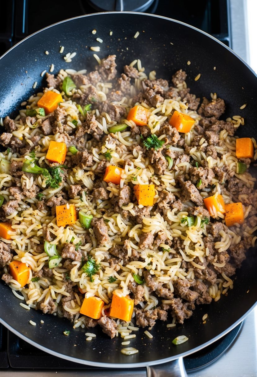 A sizzling skillet with ground beef, rice, and Italian seasonings cooking together over a stovetop