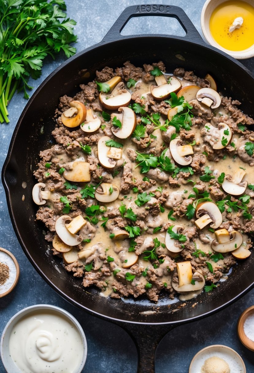 A skillet sizzling with ground beef, mushrooms, and creamy sauce, surrounded by ingredients and a recipe for Ground Beef Stroganoff