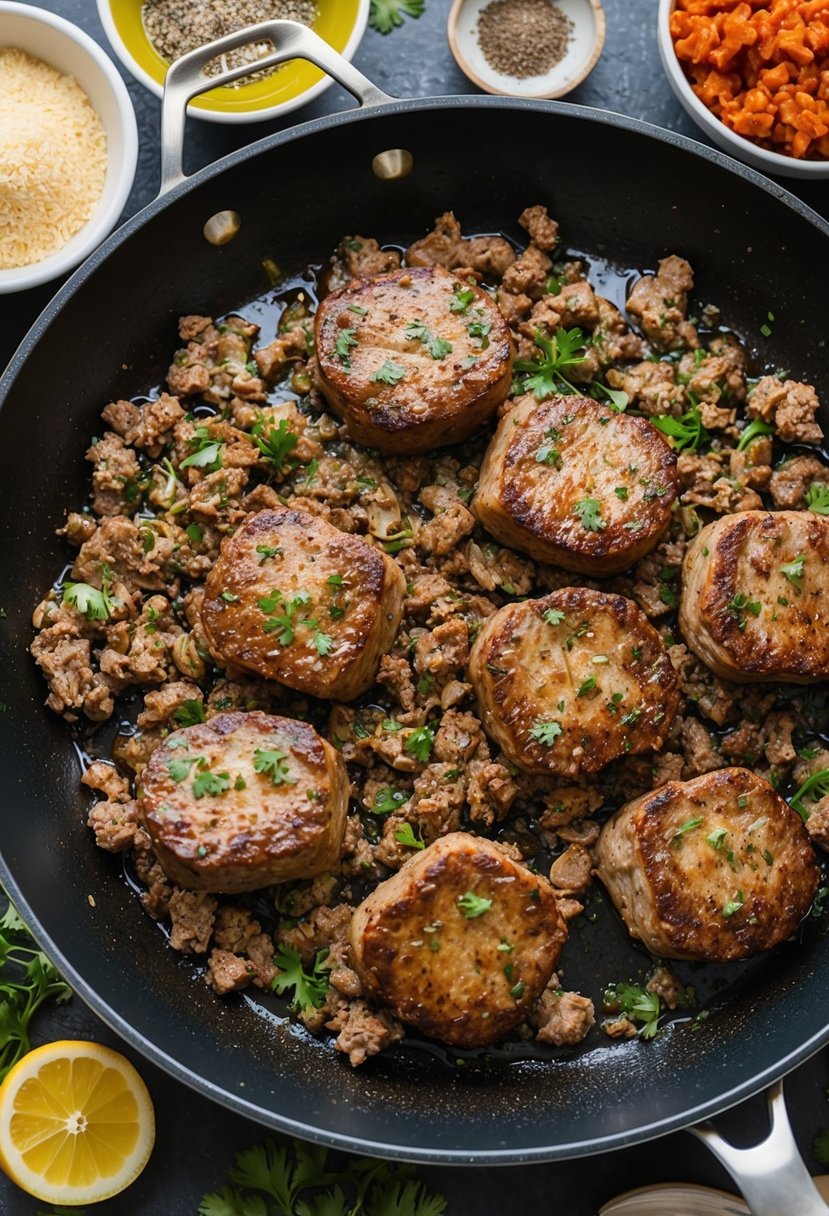 A sizzling skillet holds savory Salisbury steak and ground beef, surrounded by various ingredients and seasonings