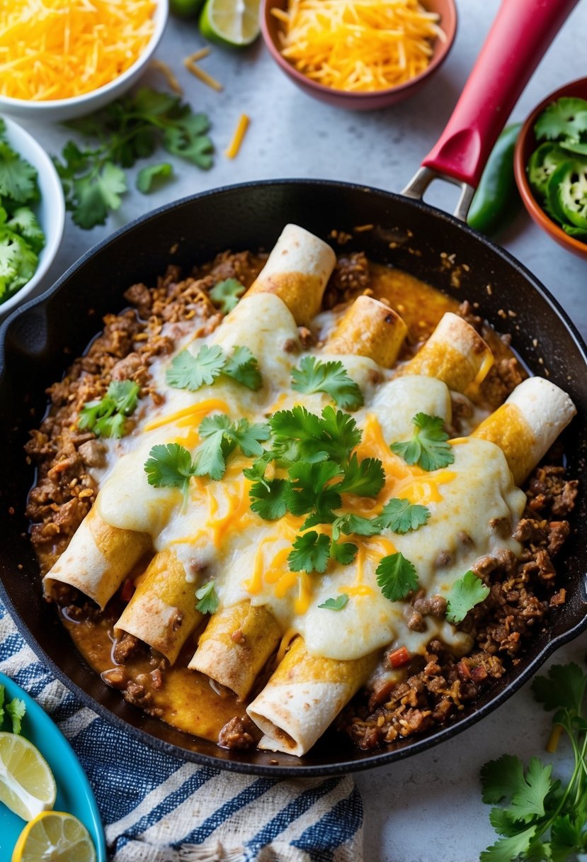 A sizzling skillet filled with ground beef enchilada, bubbling with cheese, surrounded by colorful ingredients