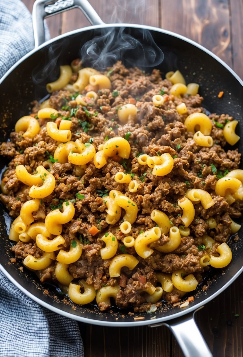 A sizzling skillet filled with ground beef, macaroni, and savory spices, steam rising from the bubbling mixture