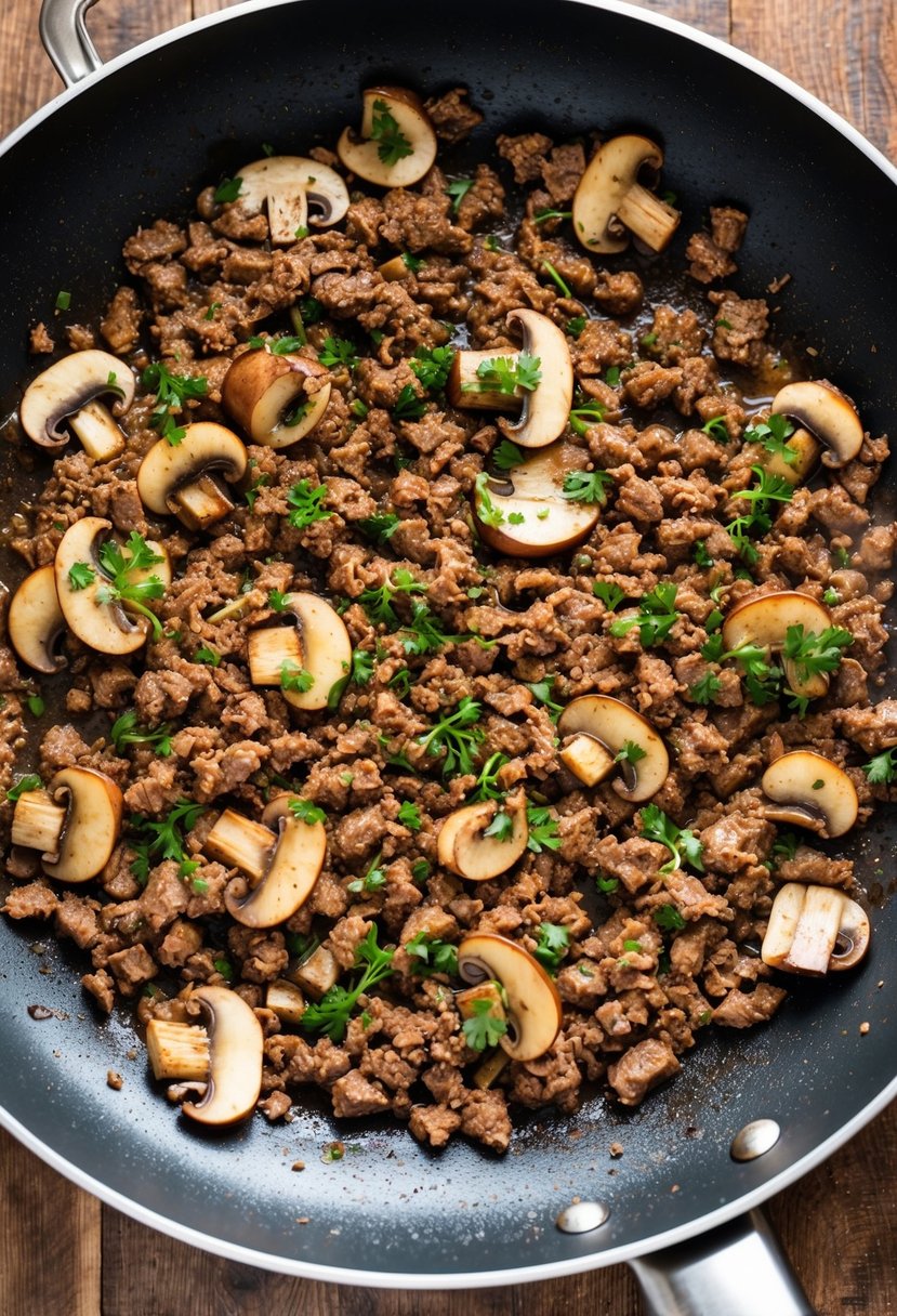 A sizzling skillet filled with ground beef and mushrooms cooking together