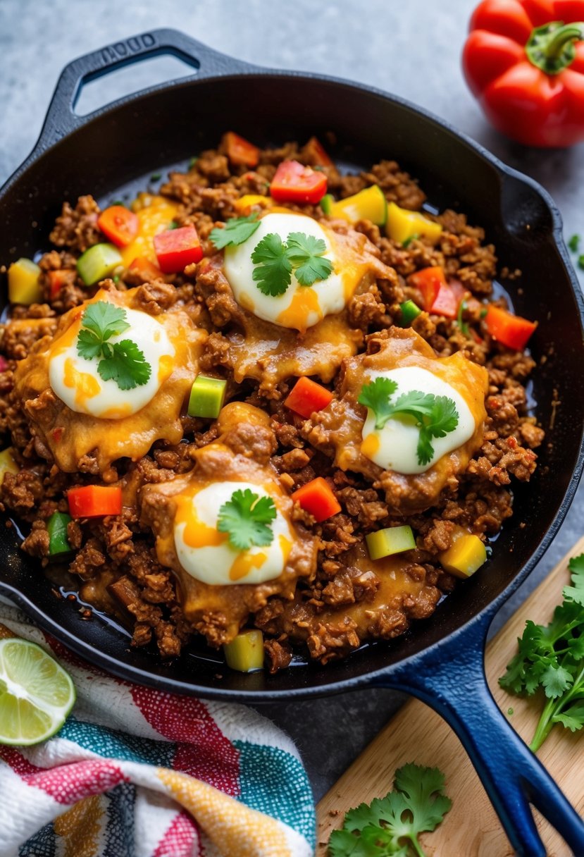 A sizzling skillet filled with cheesy taco ground beef, topped with colorful vegetables and bubbling cheese