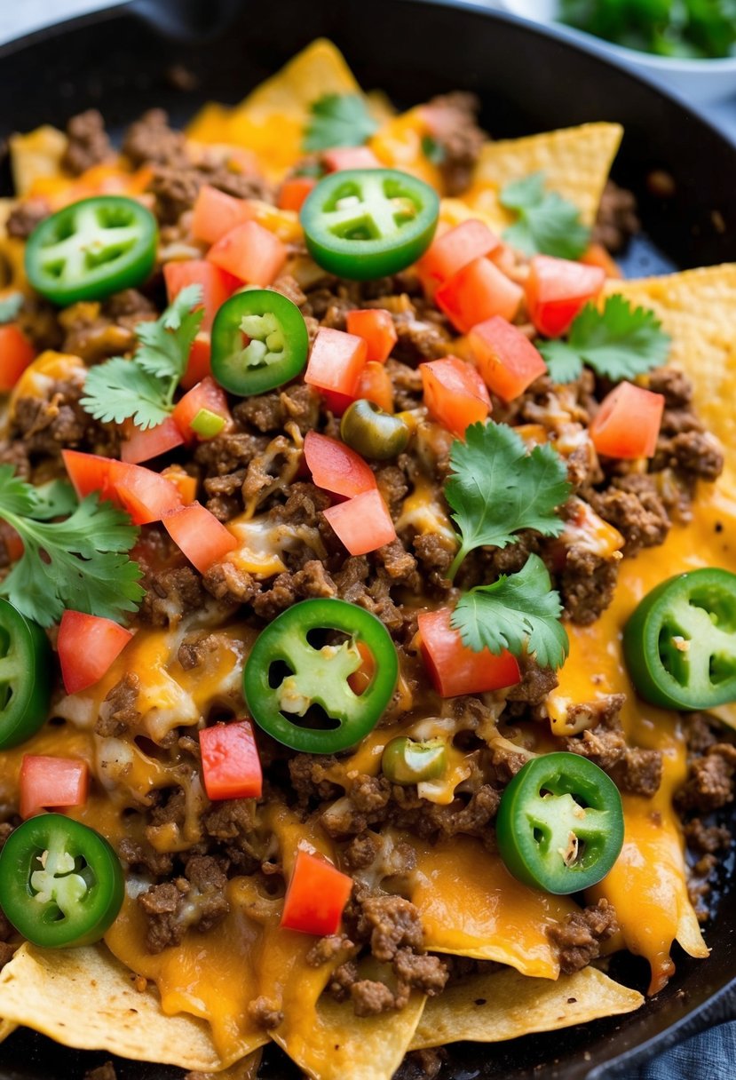 A sizzling skillet filled with cheesy ground beef nachos, topped with diced tomatoes, jalapenos, and cilantro