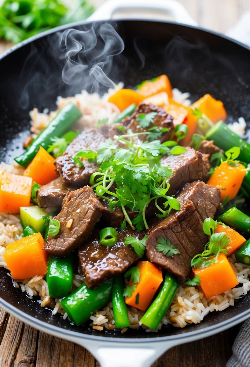 A sizzling skillet filled with Korean beef, vegetables, and rice, with steam rising