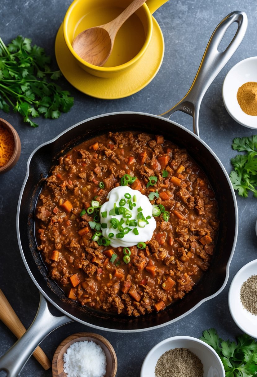 A sizzling skillet filled with ground beef chili, surrounded by various ingredients and spices