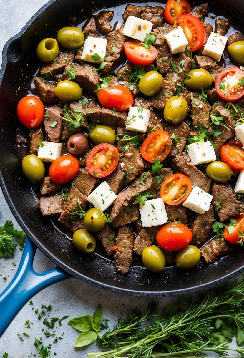 A sizzling skillet filled with Greek beef, tomatoes, olives, and feta cheese, surrounded by fresh herbs and spices