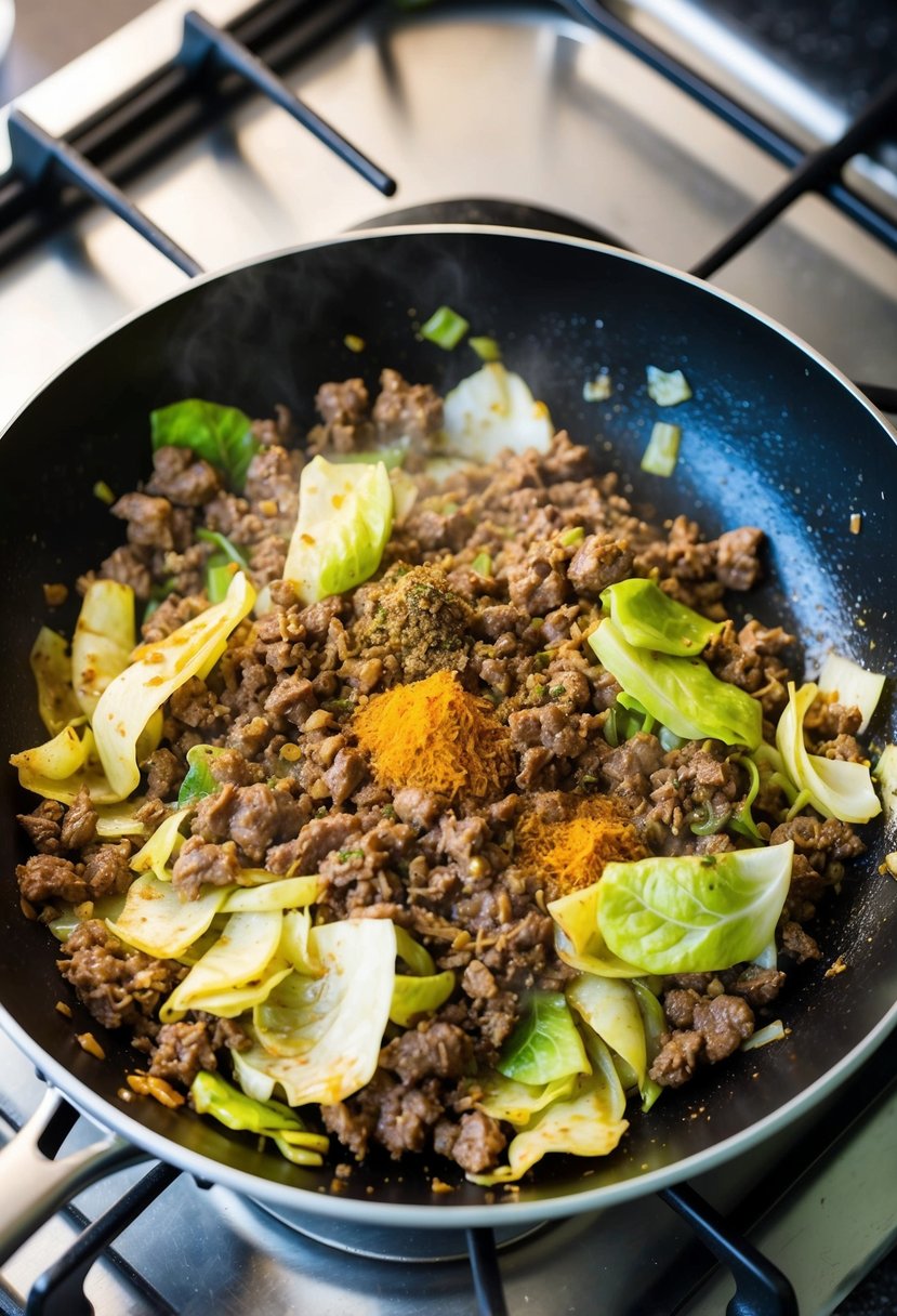 A sizzling skillet filled with ground beef, cabbage, and savory spices cooking over a hot stove