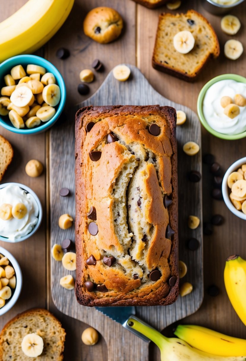A wooden table with a loaf of chocolate chip banana bread surrounded by 21 different banana bread recipes