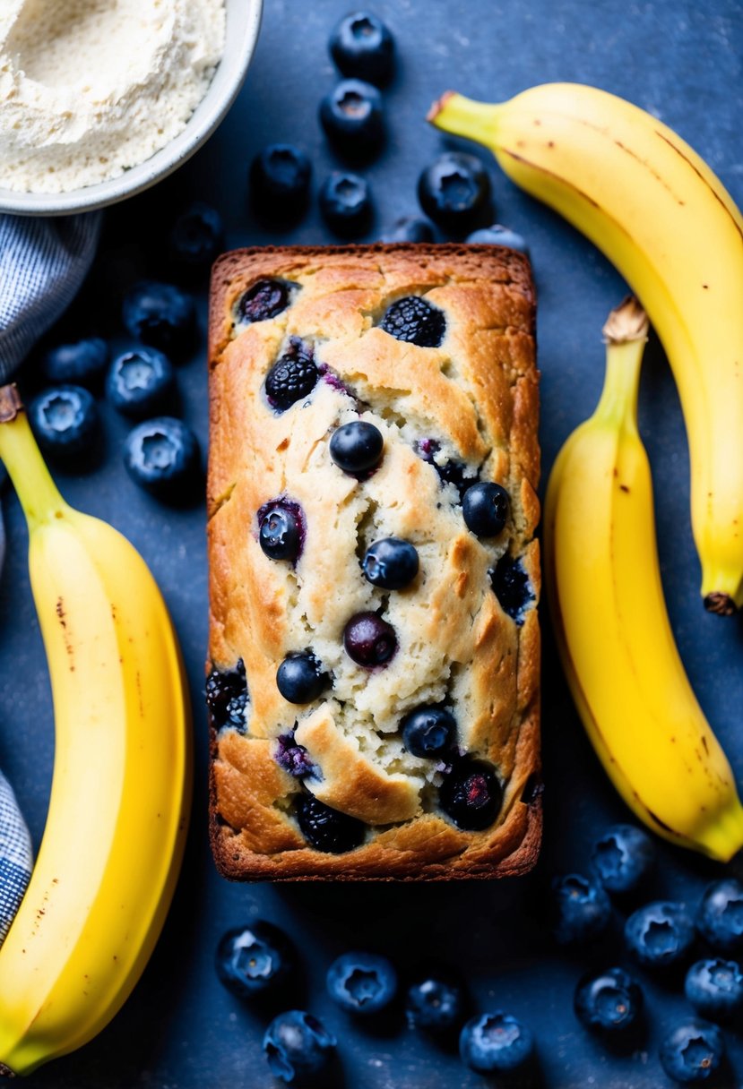 A kitchen counter with a loaf of blueberry banana bread surrounded by fresh blueberries and ripe bananas