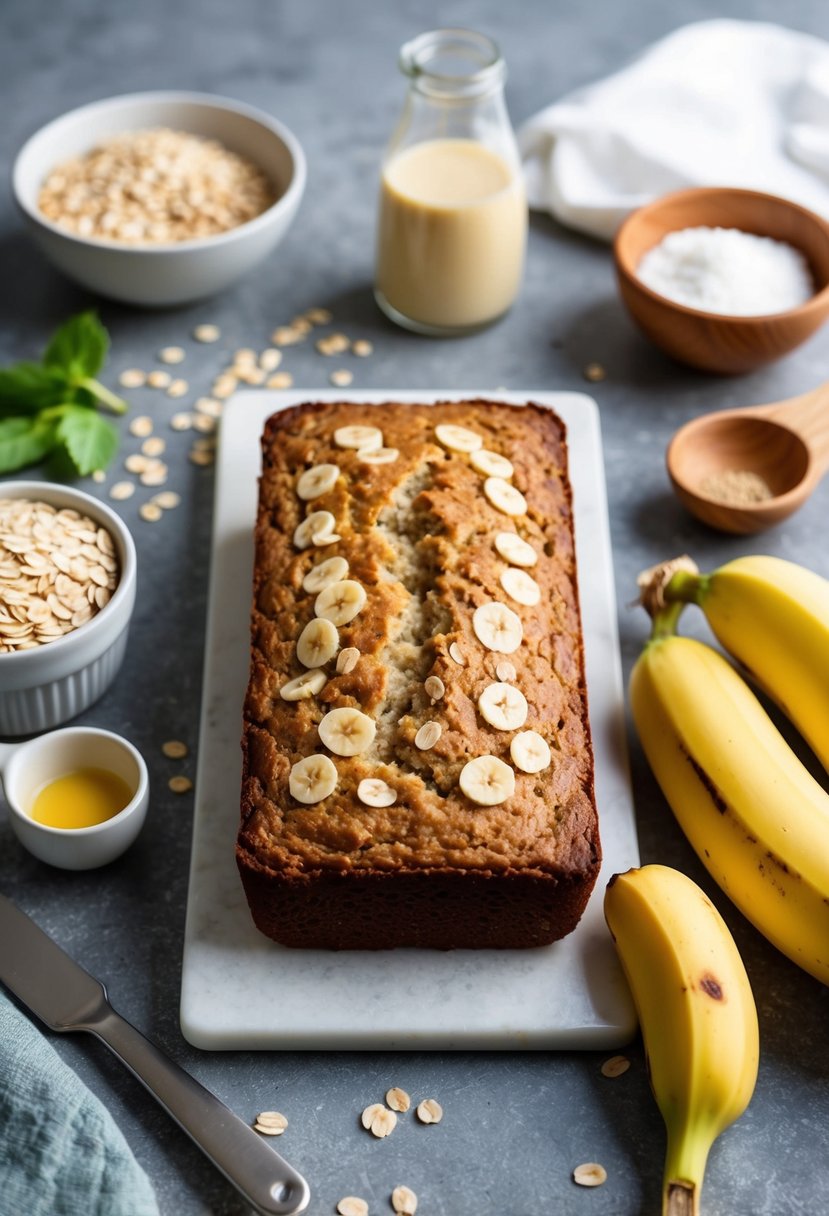 A kitchen counter with a loaf of oatmeal banana bread surrounded by ingredients and utensils