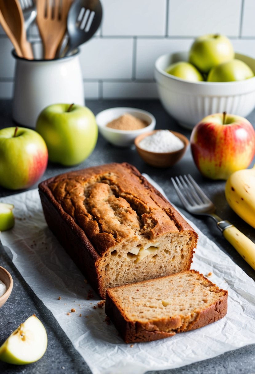 A kitchen counter with a loaf of apple cinnamon banana bread surrounded by various ingredients and utensils