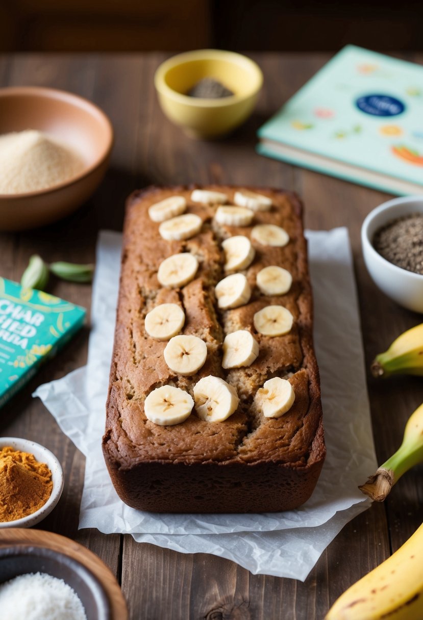 A warm kitchen with a loaf of chai-spiced banana bread surrounded by ingredients and recipe books