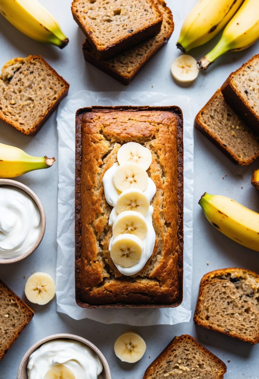 A loaf of Greek yogurt banana bread surrounded by 21 other banana bread variations