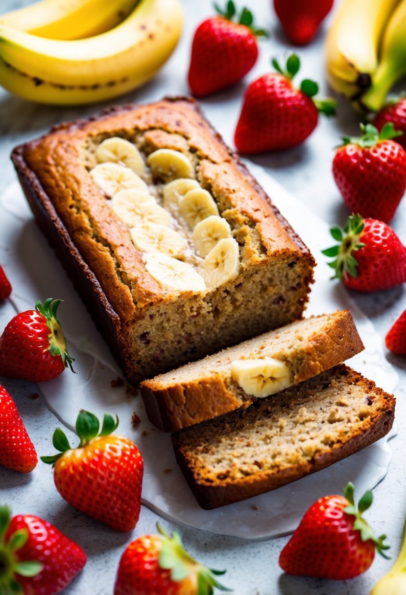 A loaf of strawberry banana bread surrounded by fresh strawberries and bananas