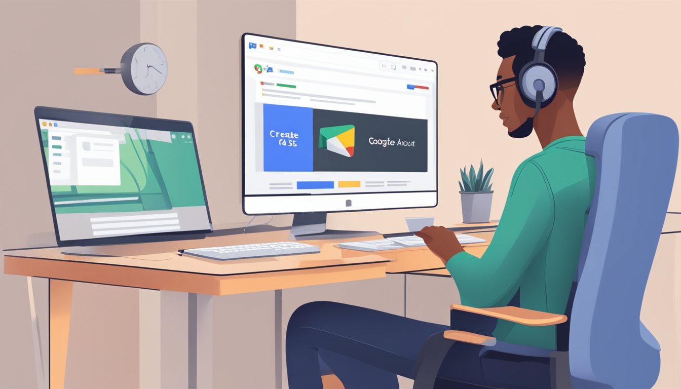 En person som sitter ved et skrivebord med en datamaskin, klikker på en "Opprett Google Ads-konto"-knapp på skjermen.