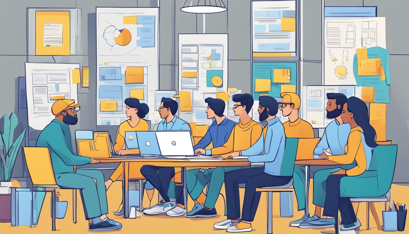 En gruppe annonsører som brainstormer og designer annonser