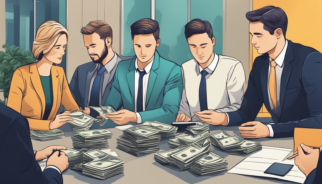 En gruppe mennesker som diskuterer og utveksler penger og dokumenter i en forretningssetting