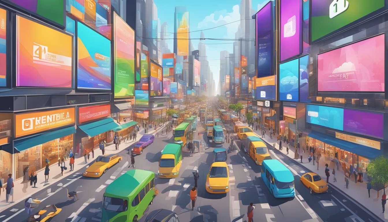 En overfylt bygate med fargerike reklameplakater og digitale skjermer som viser avanserte reklamestrategier