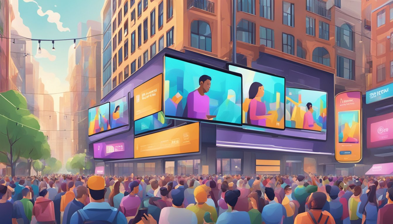 En livlig videoannonse som spilles på flere skjermer i et tettbygd område