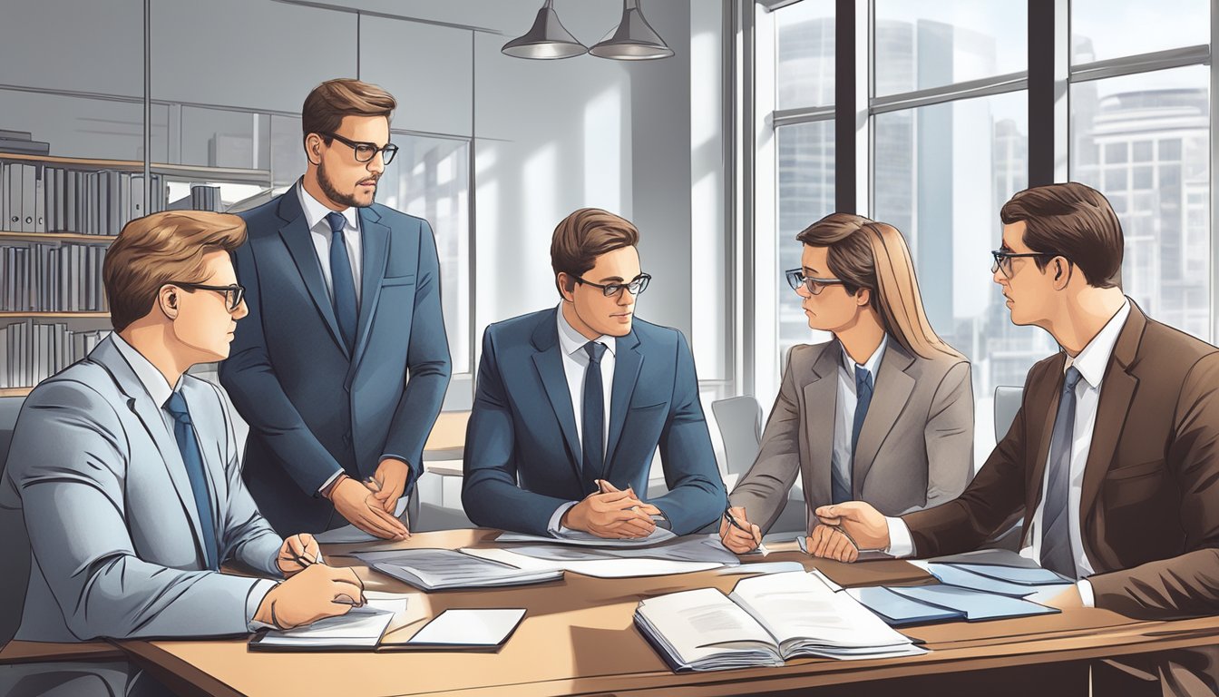 En gruppe advokater som diskuterer juridiske spørsmål i et moderne kontormiljø