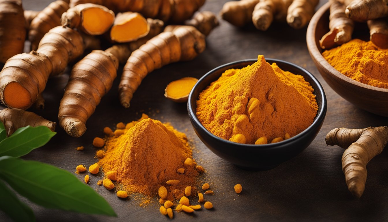 Fresh turmeric roots in vibrant orange, with rough texture, next to a small bowl of turmeric powder, highlighting curcumin source