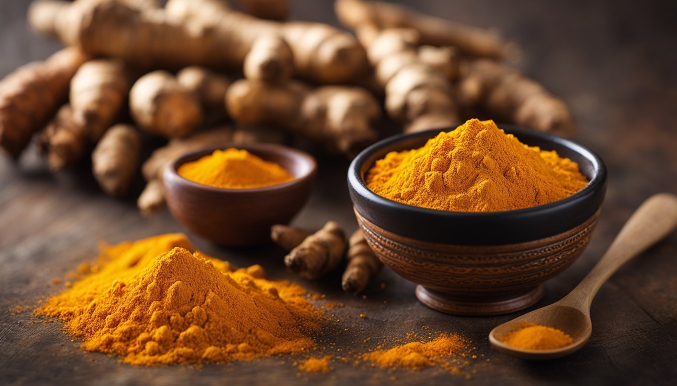 Fresh turmeric roots, vibrant orange, rough texture, with a small bowl of turmeric powder nearby, highlighting the source of curcumin