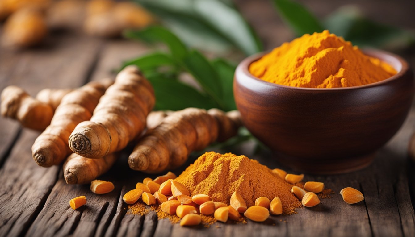 Fresh turmeric roots and powder, vibrant orange color, rough texture, small bowl nearby. Highlighting curcumin source