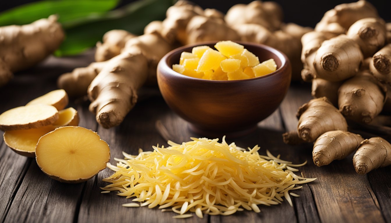 Fresh ginger roots displayed on wooden table, knobby texture and golden color, with small bowl of grated ginger nearby