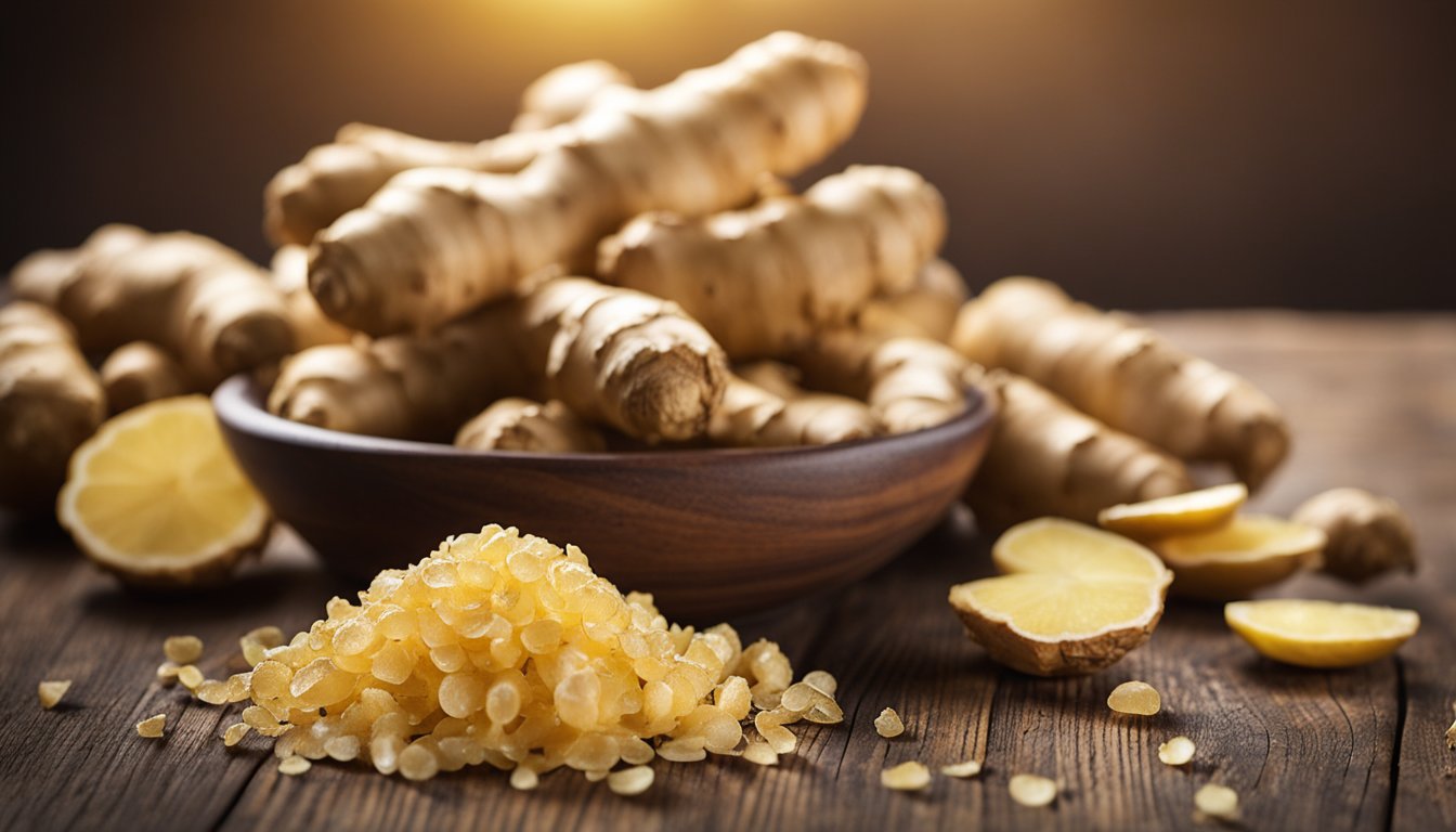 Fresh ginger roots on wooden table, knobby texture and golden color, with grated ginger in small bowl