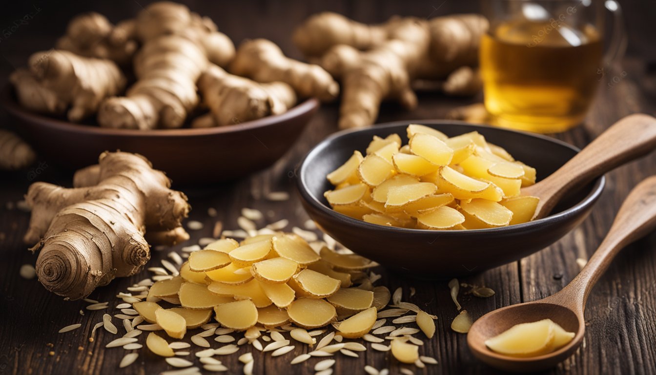 Fresh ginger roots on wooden table, knobby texture and golden color, with bowl of grated ginger nearby