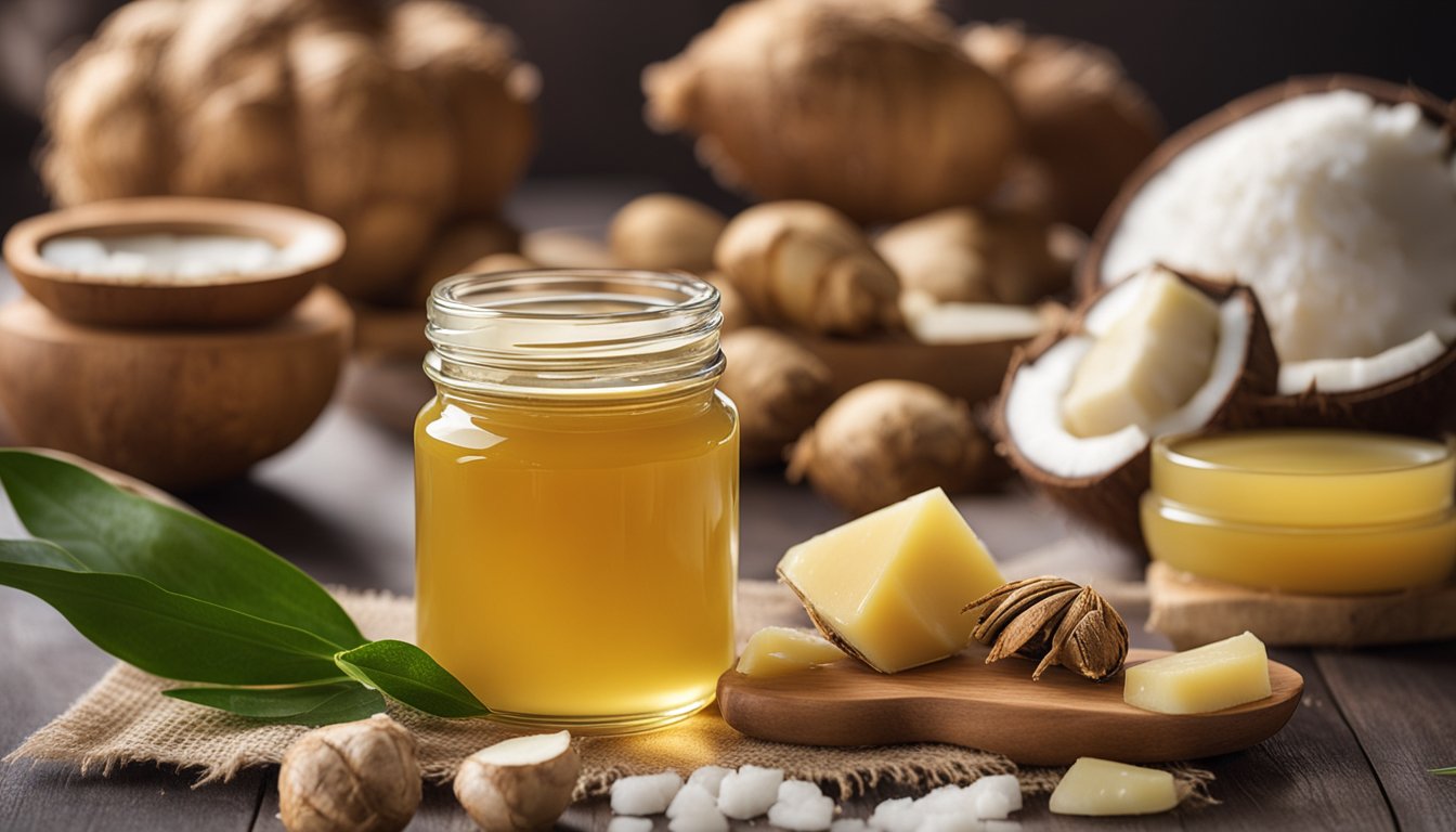 A jar of ginger salve sits on a counter, surrounded by coconut oil, beeswax, and fresh ginger, ready for use