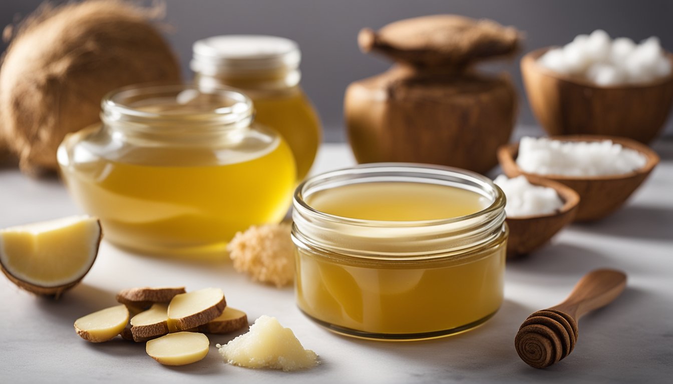 A jar of ginger salve sits on a counter, with coconut oil, beeswax, and fresh ginger nearby for topical relief