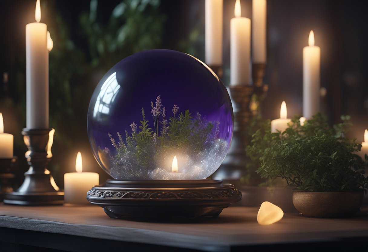 A mystical crystal ball sits on a velvet cushion, surrounded by flickering candles and fragrant herbs. The room is dimly lit, with shadows dancing on the walls