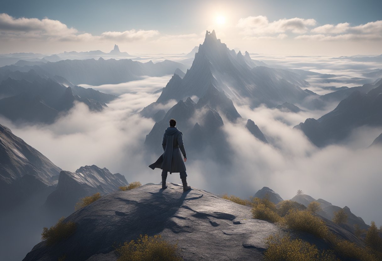 A figure standing atop a mountain, surrounded by swirling mists and gazing out towards the horizon with a determined expression
