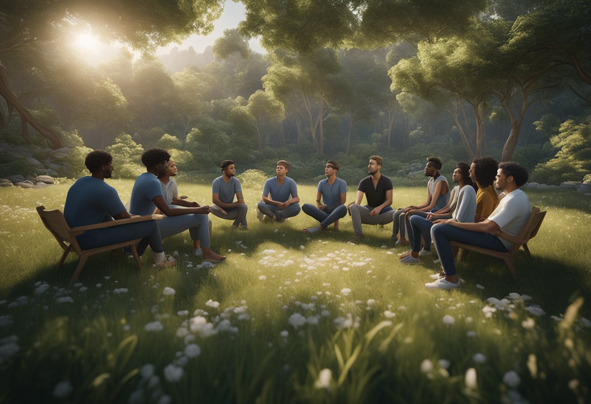 A group of diverse individuals sitting in a circle, surrounded by nature. They are deep in conversation, with a sense of connection and understanding emanating from their body language
