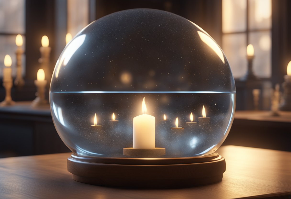 A crystal ball sits atop a wooden table, surrounded by flickering candles and a soft glow emanating from the center. A misty, otherworldly atmosphere fills the room